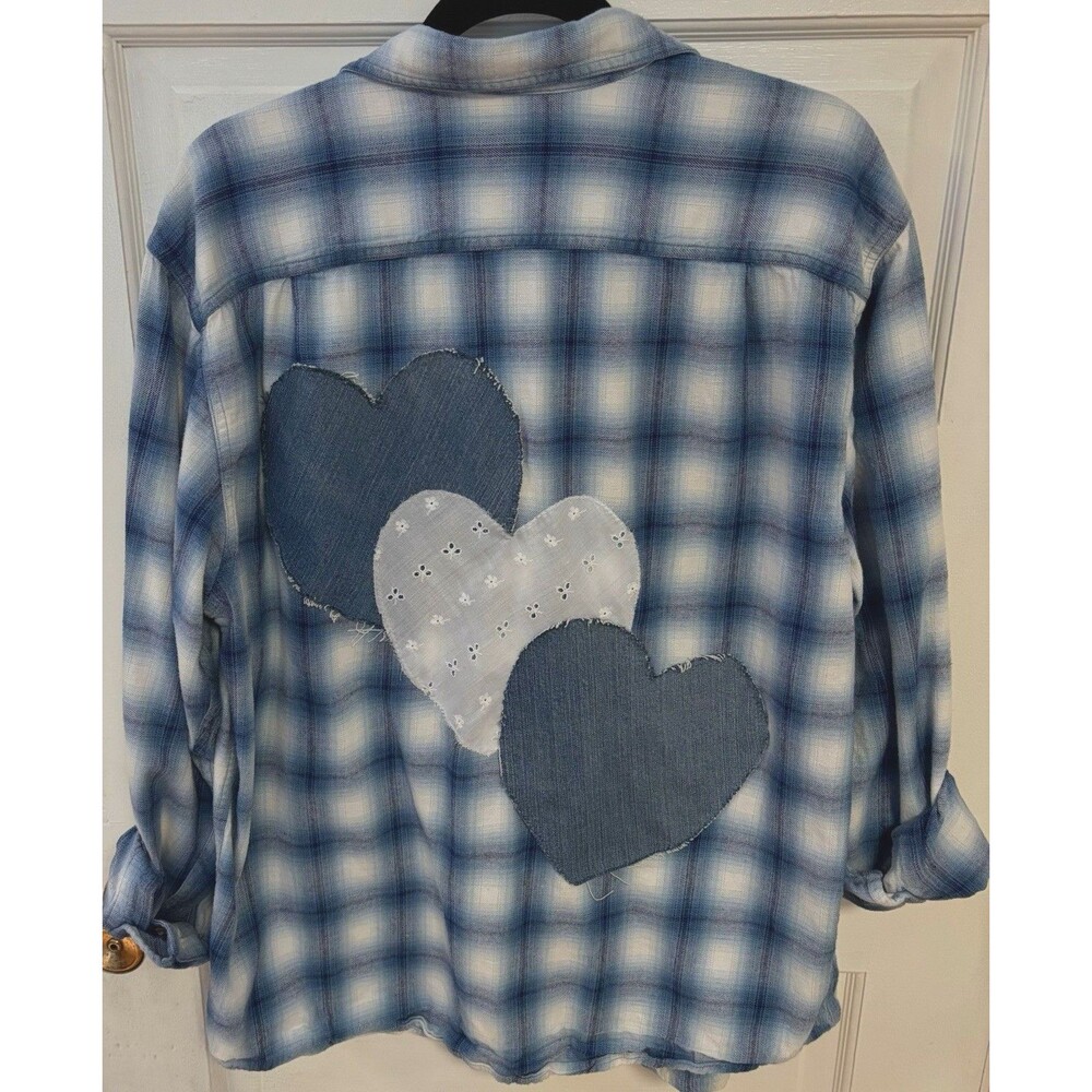 Upcycled Blue Denim Flannel Button Up Shirt Hearts Grunge Boho Hippie Size Large